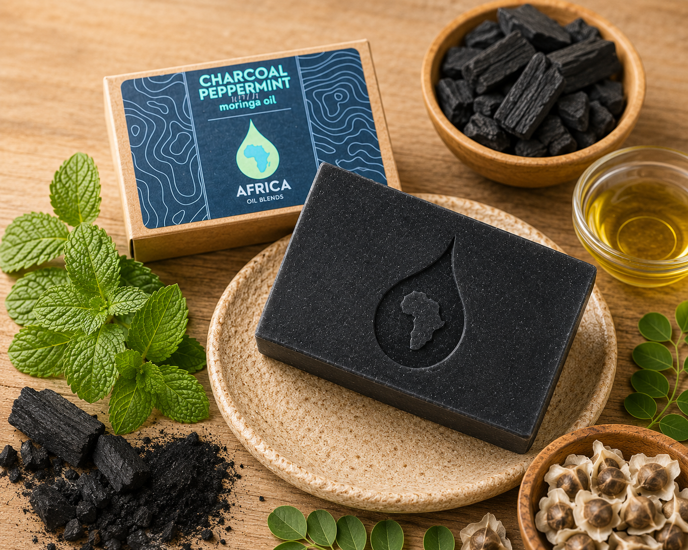 Charcoal & Peppermint with raw materials